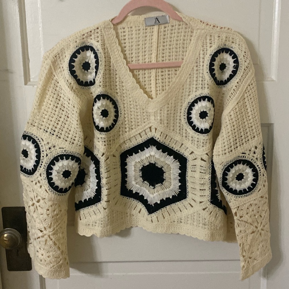 New Elegant Cream and Black Crochet Sweater